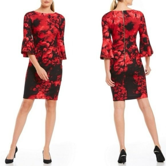 Calvin Klein black red Floral Bell-Sleeve knee length Sheath Dress size 8 - Picture 8 of 8